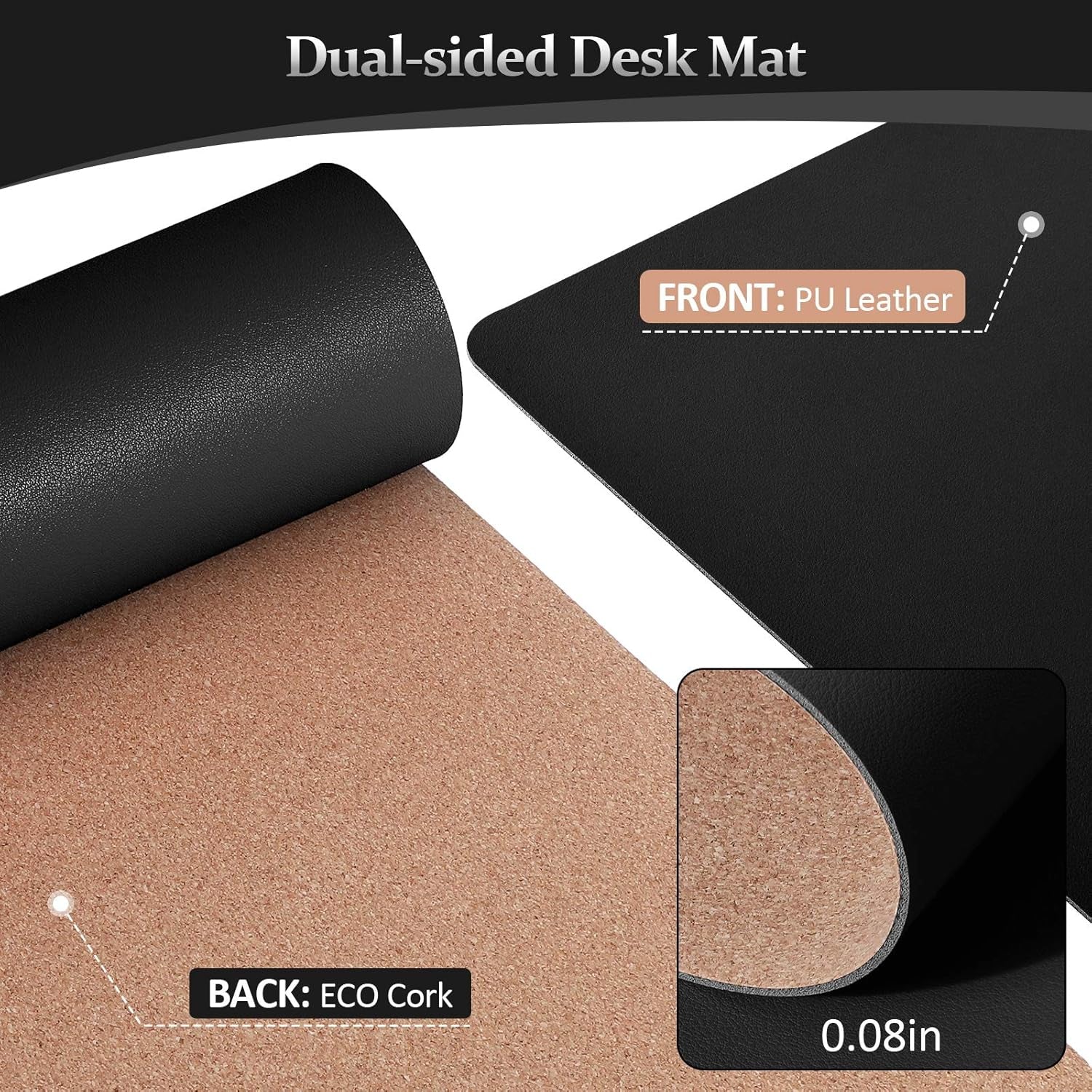 Leather & Cork Desk Pad - 24" X 14" Office Desk Mat, Large Mouse Pad & Writing Pad, Desk Protector, Black