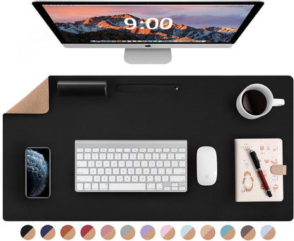 Leather & Cork Desk Pad - 24" X 14" Office Desk Mat, Large Mouse Pad & Writing Pad, Desk Protector, Black